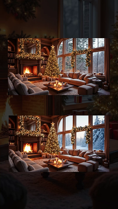 A cozy living room decorated with a large Christmas tree animation graphic design logo motion graphics