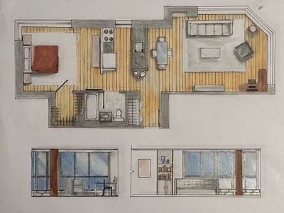 Space Planning and Rendering - Studio Apartment 3d rendering design drafting hand sketching interior design moodboard space planning