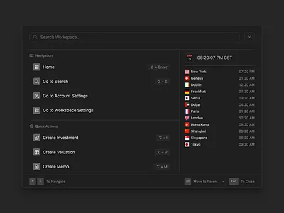Countercyclical · Command Palette colorfoul command countercyclical dark design dialog enterprise finance global gray grey input list minimal modal palette search tag ui workspace