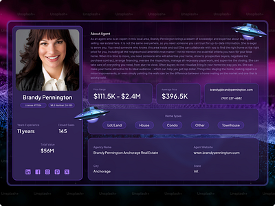 Real Estate Agent Profile UI - Cosmic Theme agent card ui agent dashboard agent full view agent info cosmic ui creative design dashboard dashboard design futuristics ui profile card design profile full view profile info profile view real state agent real state agents real state dashboard ui ui card ux design web ui card