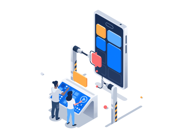 Mobile application development. JSON Lottie Animation. animation app application creative design development hand idea illustration isometric json lottie mobile mobile phone people robot screen svg team vector