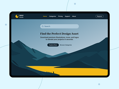 MAH Design Assets Hero Section - UI Design clean ui dark design hero section illustration landing landing design minimal ui product product design search search bar ui search ui studio website ui ui design ux web web design web ui