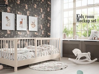 Kids bedroom mockup set 1 baby bed bedding bedroom blanket blanket mockup child children creator custom design fabric mockup mocartcafe mock up nursery poster psd room textile mockup wall mockup wallpaper