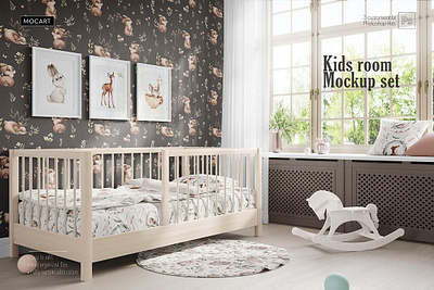 Kids bedroom mockup set 1 baby bed bedding bedroom blanket blanket mockup child children creator custom design fabric mockup mocartcafe mock up nursery poster psd room textile mockup wall mockup wallpaper