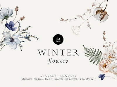 Winter Flowers Watercolor Set berries blossom botanical botany cotton dried flowers eucalyptus fern floral flower foliage herb illustration natural nature plant poppy pods rose winter winter plant