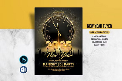 New Year Flyer 2025 black gold card christmas classy classy new year elegant fireworks happy new year invitation flyer ms word music champagne new year new year celebration new year flyer new year invitation new year party party flyer party invitation photoshop template