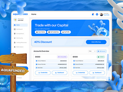 AQUA FUNDED | PROP FIRM | FOREX | CFD | FX TECH aqua funded aqua funding branding cfd dashboard design development figma forex firm fx tech landing page marketing meta trader mt5 trade ui uiux ux