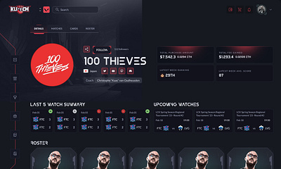 GauG: Fantasy eSports team dashboard 100 thieves branding card game collectibles dashboard esport athletes esport team esports fantasy sports game gaming graphic design igaming nft playing cards sports team dashboard ui valorant