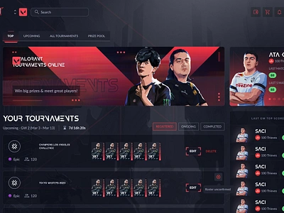 Gaug: Valorant Tournament Page cards collectible cards collectibles dashboard desing esport esports esports tournament fantasy sports gaming gaming tournament graphic design igaming nft player card streaming tournament ui ux valorant