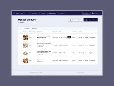 Manage products dashboard b2b blockchain dashboard e commerce manage products trust ui ux ux design web design