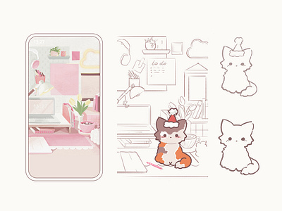 The background and character design for a productivity app app background cartoon cat character design cozy cute desktop girl illustration new year phone screen pink procreate productivity productivity app to do app vector