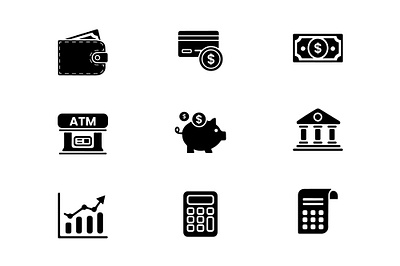 Financial and Banking Icons Set atm bank cash coin currency design finance illustration money profit silhouette vector