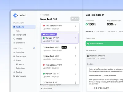 AI LLM UI Evals Tests Context Iteration Versions ai analytics button conditions context design dropdown evaluation evaluators playground test tests ui ux version