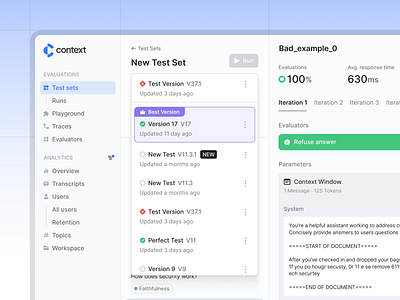 AI LLM UI Evals Tests Context Iteration Versions ai analytics button conditions context design dropdown evaluation evaluators playground test tests ui ux version