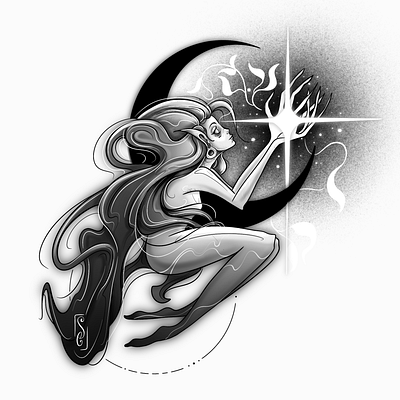 Hope. Line art. Tattoo design black and white dark art digital art elf art ink art line art moon star tattoo tattoo design tattoo idea