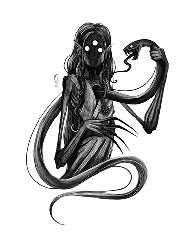 Dark creature and snake black and white creepy art dark art portrait snake