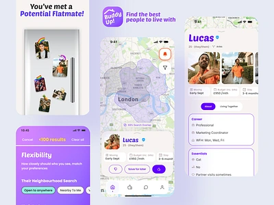 Buddy Up! - Find the best people to live with. branding filter find roommate flatmates illustration lgbtq match found roommates ui uiux ux