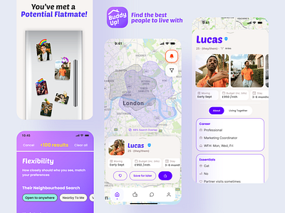 Buddy Up! - Find the best people to live with. branding filter find roommate flatmates illustration lgbtq match found roommates ui uiux ux