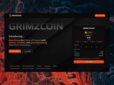 GRIMZCOIN LANDING AND STAKE cleanui cryptoappdesign cryptodashboard cryptodesign cryptoexchangeui cryptolandingpage cryptoplatform cryptostaking cryptoui darkmodedesign defidesign futuristicdesign landingpage moderndesign nextgenfinance tokenomicsdesign uiuxdesign web3landingpage web3ui webview