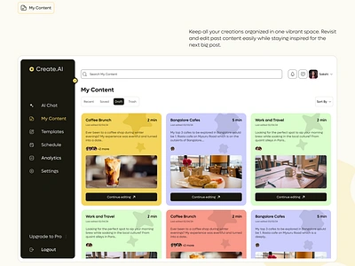 Create.AI- AI Tool for Social Media Content Creation ai artificial intelligence chatbot content creator content management dashboard influencer light mode minimal ui playful prompt saas social media uiux user experience user interface