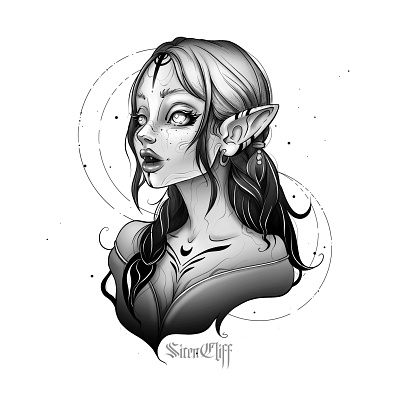 Dark elf girl. Line art portrait black and white dark elf elf fantasy art line art portrait tattoo art tattoo design