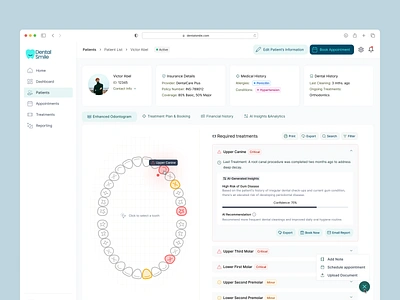 AI-Enhanced Patient Management for Dental Clinics ai app chart crm dental dentist dentistry design minimal odontogram patient records saas tooth ui ux