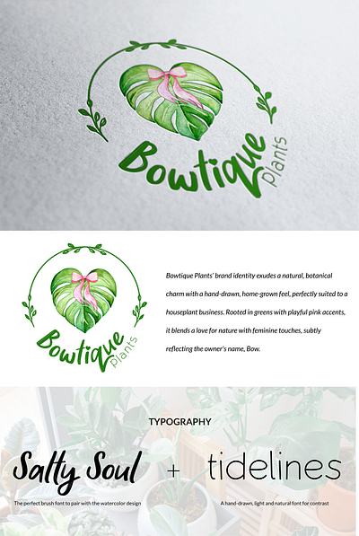 Bowtique Plants Logo botanical brand identity branding green logo natural painted plant plant logo watercolor