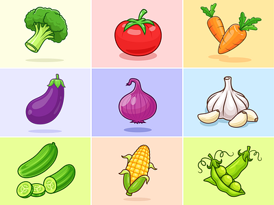 Vegetable Collections🥦🌽🍎🍆 branding broccoli carrot corn cucumber doodle eggplant flat food fresh healthy icon illustration logo onion petai tomato vegetables vegetarian