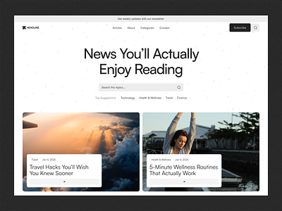 Hero exploration - 002 - Headline news web design blog blog website blogging design editorial framer framer template headline minimal news news website newsletter ui web web design website website design