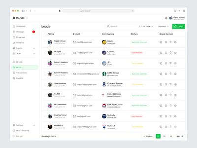 Property Management Dashboard UI - Leads Page accessibility design dashboard design data table design leads management modern aesthetic property management quick actions real estate dashboard real estate solutions saas saas technology ui design user experience user interface web application design workflow optimization