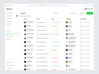 Property Management Dashboard UI - Leads Page accessibility design dashboard design data table design leads management modern aesthetic property management quick actions real estate dashboard real estate solutions saas saas technology ui design user experience user interface web application design workflow optimization