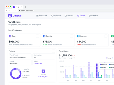 Omega - Payroll Dashboard company dashboard company finance dashboard design financial human resource payment statuses payroll payroll management product design reimbursement saas salary management tracking ui ui design uidesign ux ux design workforce