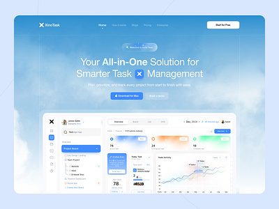 Xino - Online Task Manager business intelligence dashboard hero section kanban landing page productivity project control project management project manager project planning and scheduling saas startup task task management task manager time management tools to do list management website workflow workflow automation