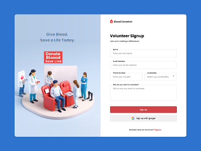 Day-01_Volunteer Signup blooddonation charity daily dailyui dashboard design hosipital mockup popular signup ui uiux design ux volunteer