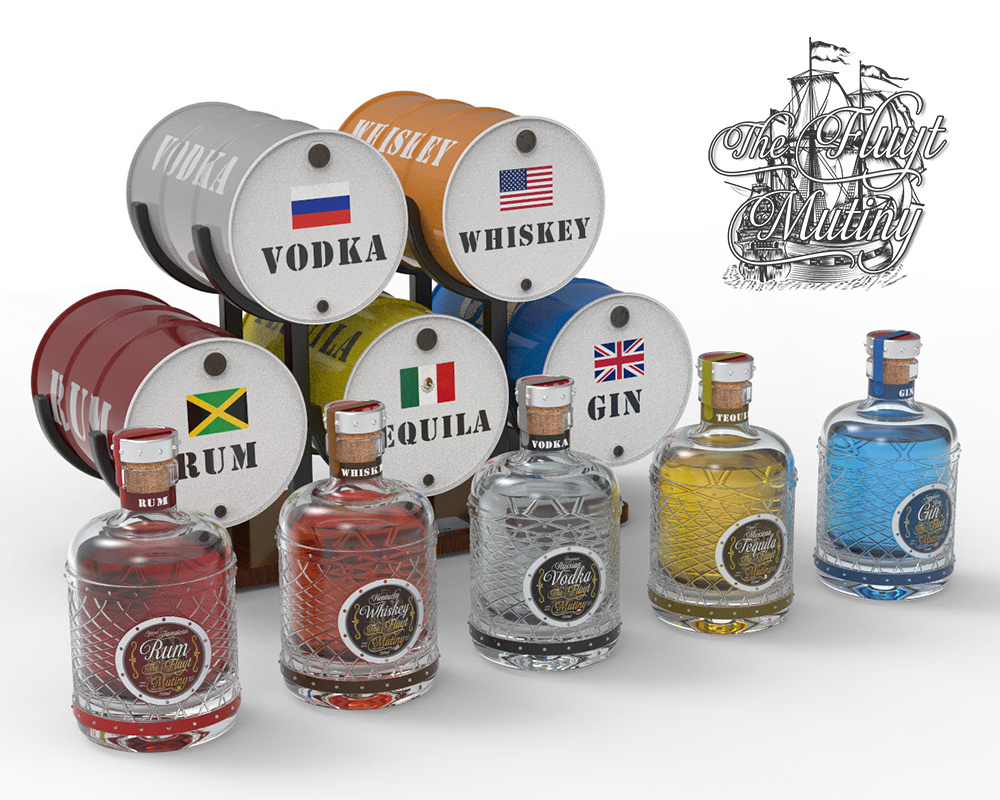The Fluyt Mutiny - Liquors Set 3d 3d modeling alcohol bottle design gin graphic design labeling design packaging design product design rum tequila vodka whickey
