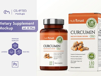 Dietary Supplement Mockup v. 1C Plus amber bottle bottle mockup box mockup dietary supplement mockup glass bottle golden lid hinged lid medicine bottle nutrition bottle nutrition box pills bottle plastic bottle silver lid supplement bottle mockup supplement box supplement box mockup supplement mockup