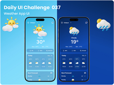 Challenge #037 - Weather App UI | Daily UI appinterface cleandesign colorscheme dailyui dailyui037 daynightmode designchallenge minimalui mobileappdesign mobileux modernui responsivedesign uichallenge uidesign uxdesign visualdesign weatherapp weatherforecast weathericons weatherui