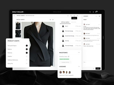 Virtual Sample Fashion workflow SaaS 3d sample assignee fashion saas garment maker minimal ui ui ux pattern worflow ux workflow ui