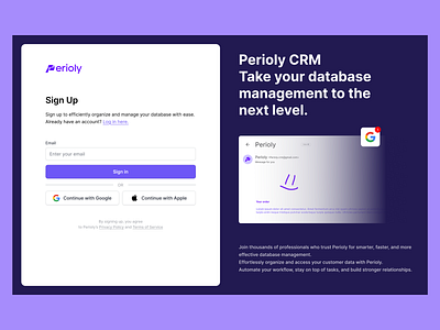 Perioly CRM Sign Up Page bank banking website blue branding crm design designinspiration geometric graphic design inspiration logo new purple sing up top trending ui user experience user interface ux