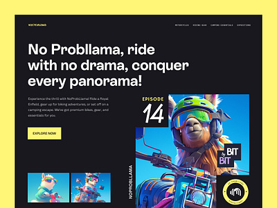 NoProbllama Web UI Design 3d llama animal on bike bike adventure bike riders camping essentials camping gear character design expeditions llama llama character midjourney motorcycle rental motorcycles riders riding gear royal enfield royal enfield india uiux web ui website design