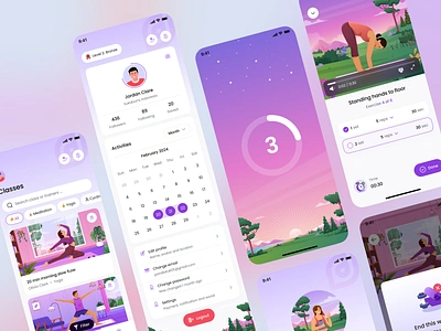 Gradient Profile & Classes Meditation Mobile App 🍃 blur card class empty exercise gamification glassmorphism gradient health illustration meditation mental pandi popular post profile splash ui design wellness yoga