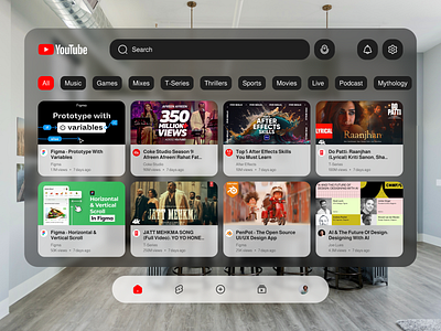 Apple Vision Pro: Youtube UI apple design glassmorphism productdesign trending trendingui ui uiux uix upgrades ux visionpro youtube