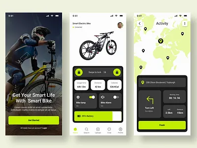 "Smart Bike App - Revolutionizing Your Cycling Experience 🚴‍♂️" activitytracker appdashboard appprototype bikeenthusiasapp bikenavigation connecteddevices cyclingappdesign cyclingexperience fitnesstracking greenandblacktheme healthandfitness minimalistui mobileuidesign mobileux modernappdesign smartbikeapp smartbikefeatures techui uiuxdesigntrends userfriendlyinterface