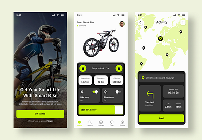 "Smart Bike App - Revolutionizing Your Cycling Experience 🚴‍♂️" activitytracker appdashboard appprototype bikeenthusiasapp bikenavigation connecteddevices cyclingappdesign cyclingexperience fitnesstracking greenandblacktheme healthandfitness minimalistui mobileuidesign mobileux modernappdesign smartbikeapp smartbikefeatures techui uiuxdesigntrends userfriendlyinterface