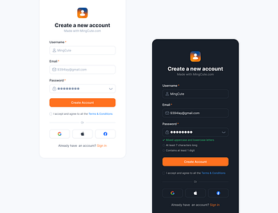 Create a new account account dark figma mingcute register sign up ui web design