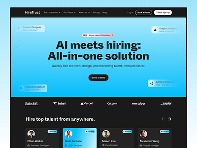 AI hiring platform website ai ai saas ai tool design gradient hire hiring homepage job landing landingpage payroll profile saas website ui web web design webflow website