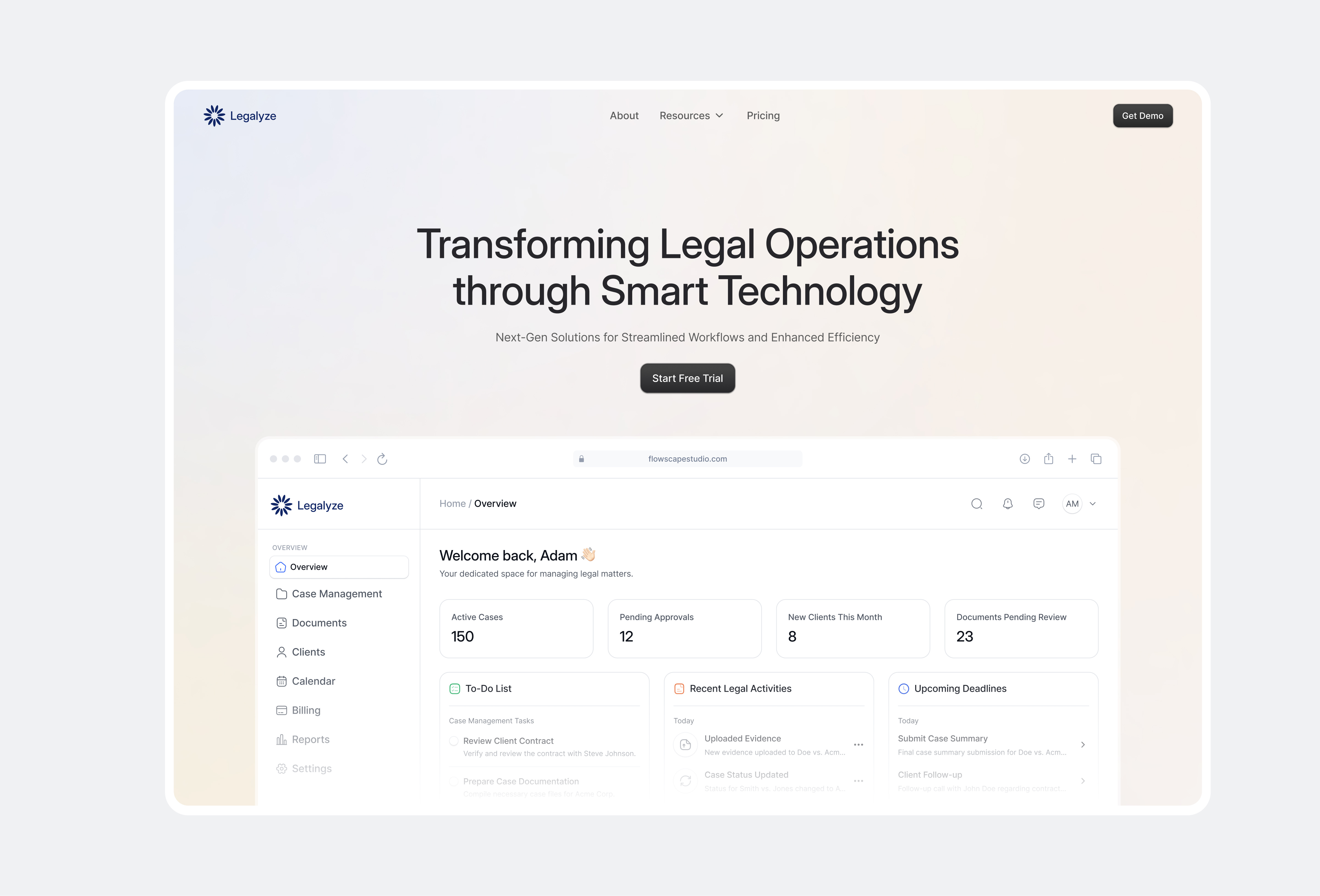 Design for Legal Operations SaaS Website case management customer dashboard design figma gradient law lawtech legalautomation legaltech management saas saasdesign signature software techforbusiness ui uiux webdesign webflow