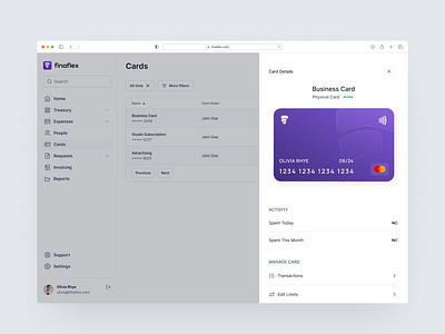 Cards details screen for Finaflex interface ui ux web app