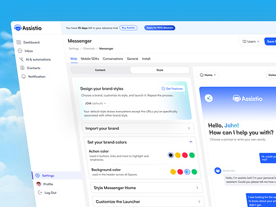 Chatbot Customization & Branding Page - Assistio ai brand styles chat chatbot chatbot dashboard chatbot setup chatbot tools custom chatbot minimal saas ui ui ux ux web app