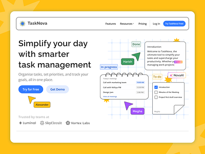 Landing page for a task management app branding illustration kanban landing page sticky notes task manager ui